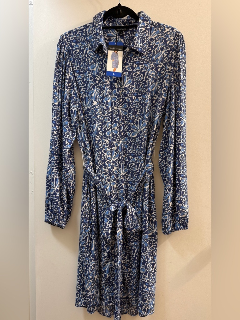 NWT Well Worn Blue Floral Viscose Shirt Dress L